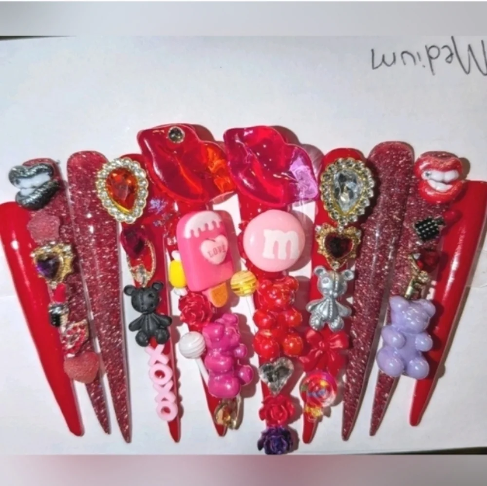 Red and Pink Decorative 4xl Acrylic Press On Nail Set Sz Medium